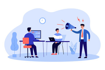 Wall Mural - loud shout from angry boss to working employees. male employer holding megaphone flat vector illustr