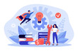 Work of business team on implementation and development of idea. Tiny woman standing with light bulb, gears flat vector illustration. Project concept for banner, website design or landing web page