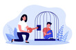 Woman opening locked cage with key to help child. Boy sitting in depression and anxiety flat vector illustration. Domestic violence, support concept for banner, website design or landing web page