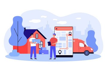 Wall Mural - express address shipping of parcels by courier. man sending boxes by mail along route on phone map f