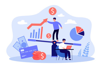 Wall Mural - Investment plans of tiny businessman. Man working on balance between stock market segments and profit growth flat vector illustration. Finance concept for banner, website design or landing web page