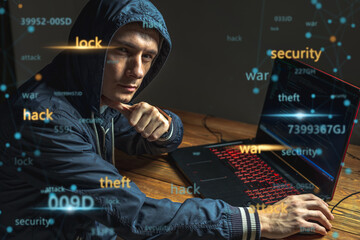 Wall Mural - Hacker in a hood with a phone is typing on a laptop keyboard in a dark room. Cybercrime fraud and identity theft