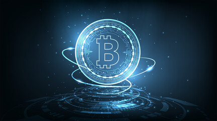 Poster - Bitcoin digital currency design.Bitcoin currency coin on Dark Blue background.vector illustration.