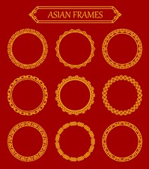 Canvas Print - Round circle asian frames. Japanese, korean and chinese decorative borders, oriental ornaments with golden lines, geometric figures and knots. Asian round frames with traditional decor patters