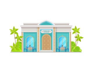 Sticker - Turkish cuisine restaurant building icon. City street cafe with arab ornaments on blue tile, columns and outdoors tables, chairs. Turkish food restaurant facade, cartoon vector exterior front view