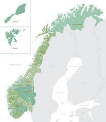 Wall Mural - Detailed map of Norway with administrative divisions into Counties and municipalities and Dependent territory, major cities of country vector illustration onwhite background