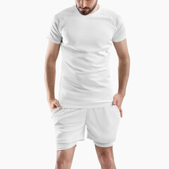 Wall Mural - White shorts mockup with underpants compression line, men's t-shirt on a man, isolated on background.