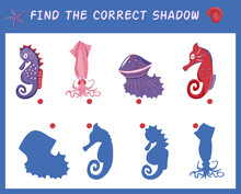 Educational Matching Game For Children. Find The Correct Shadow. Cartoon Jellyfish, Squid, Seahorse