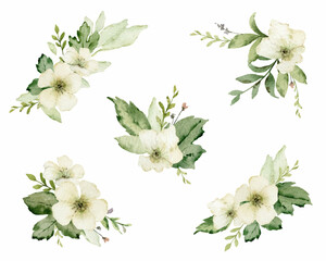 Watercolor vector bouquet set with green foliage and flowers.