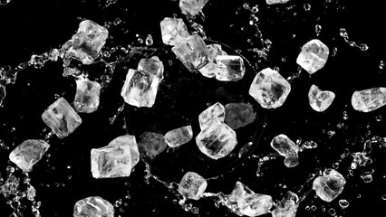 Aufkleber - Super slow motion of rotating ice cubes with splashing water, top view shot. Filmed on high speed cinema camera, 1000 fps. Isolated on black background. Speed ramp effect.