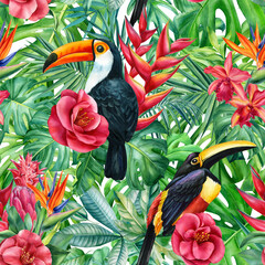 Toucan birds and heliconia, camellia flowers. Seamless pattern of tropical leaves. jungle background, wild animal