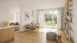 Interior of luxury modern scandinavian apartment.  Comfortable living room with view to garden, 3D rendering