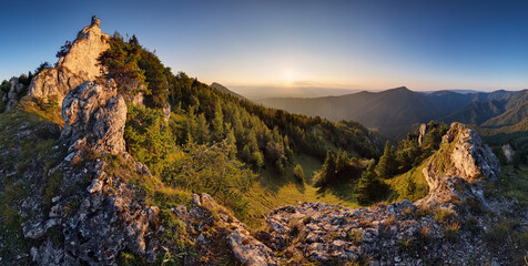 Aufkleber - Forest and rocks mountain with sun at beautifull sunset - panorama, Slovakia