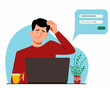 The concept of a man thinking behind a laptop. Forgot your password and account login for the web page. Flat vector illustration.