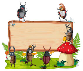 Wall Mural - Blank wooden signboard with beetle cartoon