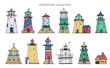 Retro Lighthouses colored hand drawn doodle vector illustrations collection. Isolated on white.