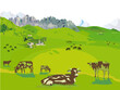 Bergpanorama mit Kühen auf der Alm,  Illustration