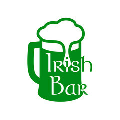 Poster - Día de San Patricio. Logotipo con texto Irish Bar en silueta de jarra de cerveza con espuma en espacio negativo en color verde