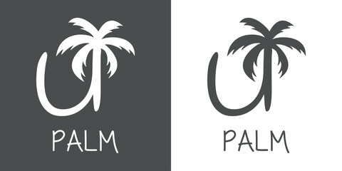 Sticker - Logotipo texto Palm con letra U en tipografía con forma de silueta de palmera en fondo gris y fondo blanco