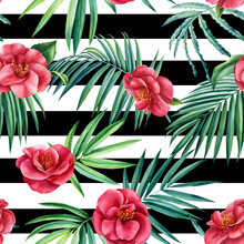 Palm Leaves, Camellia Flowers Illustration, Seamless Pattern On Black White Geometric Background