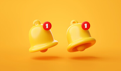 Fototapete - Set of bell reminder notification alert or alarm icon sign or symbol for application website ui on yellow background 3d rendering illustration