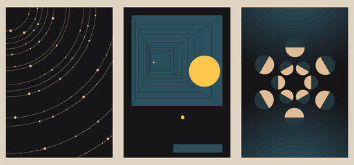 A set of three vintage aesthetic geometric background patterns. Minimalistic posters for social media, web design. Sketchy illustrations with thin lines, gradients, geometric shapes.