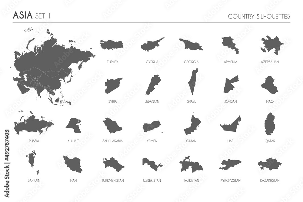 Set of 24 high detailed silhouette maps of Asian Countries and territories, and map of Asia vector illustration.