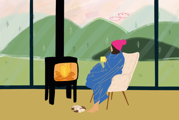 Young woman covered in plaid sitting on chair by the fireplace near the window at home, enjoying hot drink and view on the mountains. Concept of home cosiness and rest on nature. Vector illustration