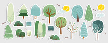 Set Of Trees Stickers With White Outline. Vector Hand Drawn Illustration.