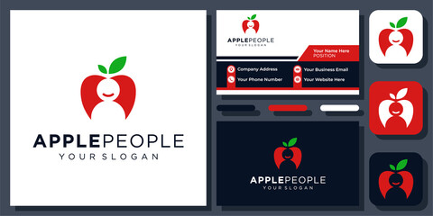 Wall Mural - Apple People Fruit Healthy Food Vegetarian Happy Nature Vector Logo Design with Business Card