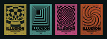 Collection Of Modern Minimalistic Abstract Posters With Optical Illusion. Multicolored Poster With Paper Texture