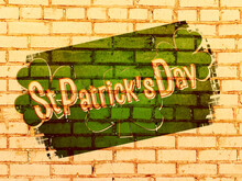 Lucky St Patrick's Day Gold Brick Wall Graffiti Green Mural Holiday Sign Celebration Shamrock Painting Lounge Bar Clover Building
