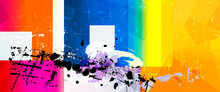 Abstract Colorful  Background Composition, With Geometric Lines, Triangels, Paint Strokes And Splashes