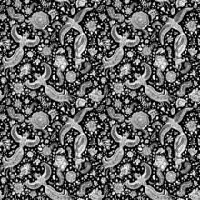 Floral Seamless Pattern Of Hand Drawn Black Fantasy Peacock Bird, Paisley Elements, Fairy Tale Flower, Foliage On A Black Background. Textile Print, Wallpaper, Wrapping Paper