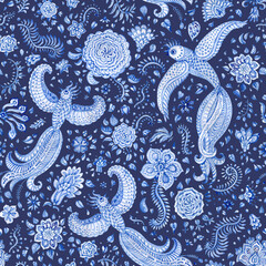 Wall Mural - Floral seamless pattern of blue watercolor painted fantasy peacock bird, paisley elements, fairy tale flower, foliage on a dark indigo background. Textile print, wallpaper, wrapping paper