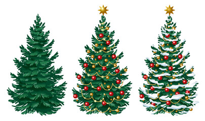 set of christmas trees. christmas tree without decorations, with decorations and with snow. vector n
