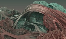 Weird Psychedelic 3d Artwork Illustrating Organic Fictional Anatomical Natural Abstraction. Plasticine Elastic Shapes Create Landscape, Micro Or Macro Worlds. Fantastic Creative Nonexistent Virtual.