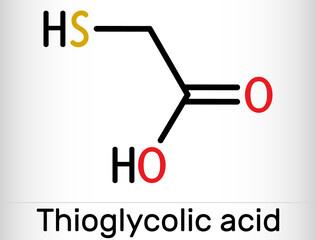 Poster - Thioglycolic acid, TGA, mercaptoacetic acid molecule. It is sulfur-containing carboxylic acid, used to make permanent wave solutions, depilatories. Skeletal chemical formula