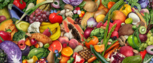 Fruit And Vegetable Background Or Vegan And Veganism Or Healthy Food As A Group Of Fresh Ripe Fruits And Nuts With Beans As A Diet Symbol For Eating Green Biological Natural Food.