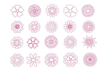 Wall Mural - Set of linear icons of spring flowers isolated on white. Cute illustrations in hot pink color for stickers, postcards