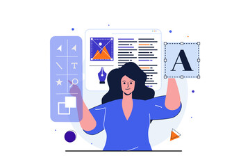 Wall Mural - Designer studio modern flat concept for web banner design. Female developer works on layout of site, selects and places graphic elements, creates fonts. Illustration with isolated people scene