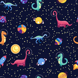 Fototapeta Dinusie - Dino in space seamless pattern. Cute dragon characters, dinosaur traveling galaxy with stars, planets. Kids cartoon background. Illustration of astronaut dragon, kids wrapping with cosmic dino
