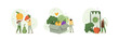 Healthy eating illustration set. Character buying fresh organic fruit, vegetables in online grocery shop and receiving veggie box delivery. Local production support concept. Vector illustration.