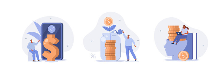 Wall Mural - investment illustration set. people characters investing money in self development, knowledge and ed