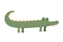 Cute Crocodile Crawling And Smiling, Flat Cartoon Illustration. Funny Animal Illustration, Vector Illustration On White Background, Good For T-shirt Print