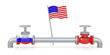 American flag near pipeline and valves with flags of Russia and China. Transportation, delivery, transit of natural gas on pipeline. Concernment and interests of USA. 3d rendering