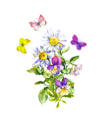 Wall Mural - Summer bouquet of meadow flowers and butterflies. Watercolor illustration