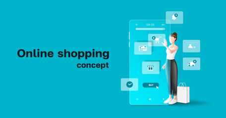 Wall Mural - Woman stands in front of a smartphone and presses to a screen to order online and various icons pop up around that area,vector 3d isolated on blue background for technology and online shopping concept