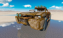 Rusty Vehicle Is Parked On The Desert After Rain