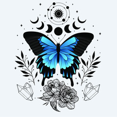 Wall Mural - Vector illustration with butterfly. Abstract mystic sign. Black linear shape. For you design, tattoo or magic craft.